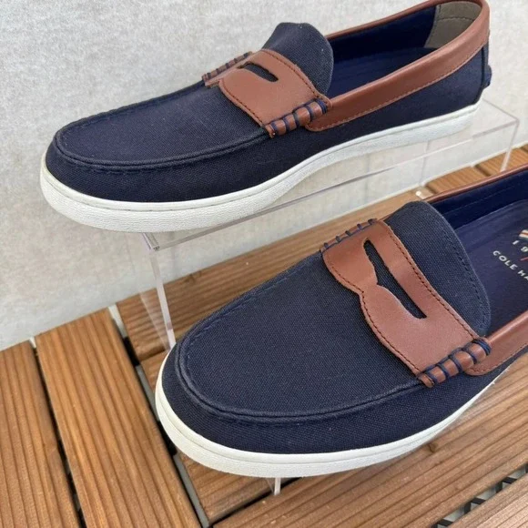 Cole Haan Mens 8.5 Nantucket Penny Loafer Blue Canvas Brown Leather - Picture 4 of 7